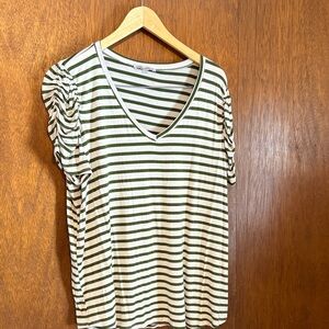 Green Envelope Olive and White Striped V-Neck Tee
